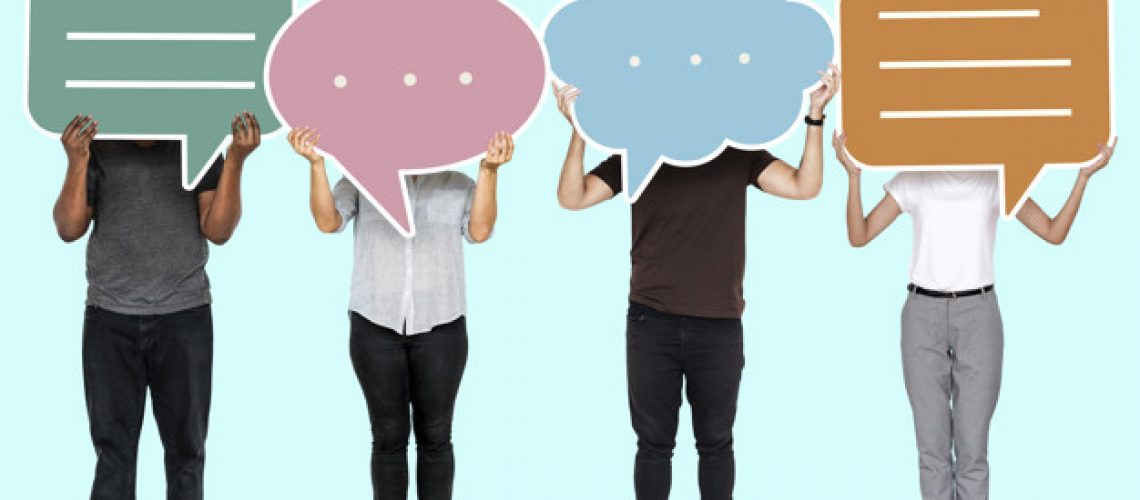 Diverse people showing speech bubble symbols